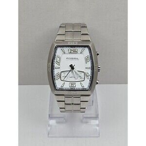 Mens Fossil 41mm Chrono Silver Watch Stainless Steel White Dial 100M New Battery